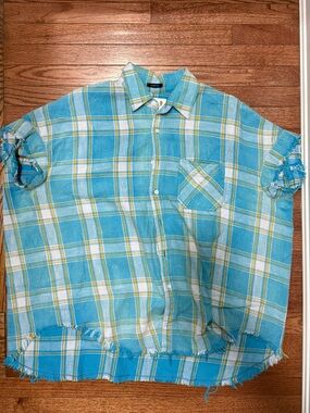 R13 Light Blue Plaid Frayed Shirt - One Size